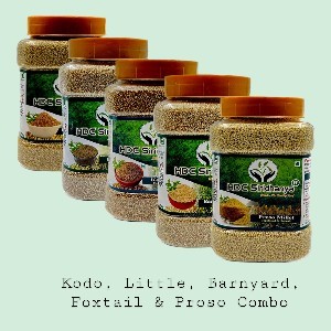 SIRIDHANYA Unpolished And Organic Millets Combo Pack Of 5 [Kodo, Foxtail, Barnyard, Little And Proso Millets, Each Millet 900Gm Packed In Jar] Organically Grown From Andhra Pradesh