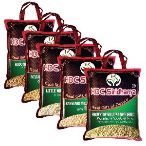 SIRIDHANYA Unpolished & Organic Dr. Khadar Vali 5 positive Millets 920g Vacuum Packed (12 Months Shelf Life) Organically Grown from Karnataka Gross wt 5kg.